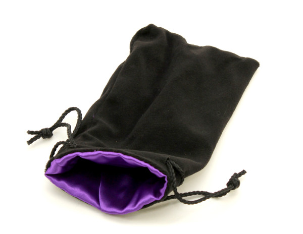 grosser Würfelbeutel aus schwarzem Samt, violettes Futter
