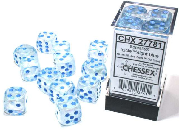 Borealis Icicle/Light blue - Luminary Dice - 16mm (Set mit 12 Würfeln)