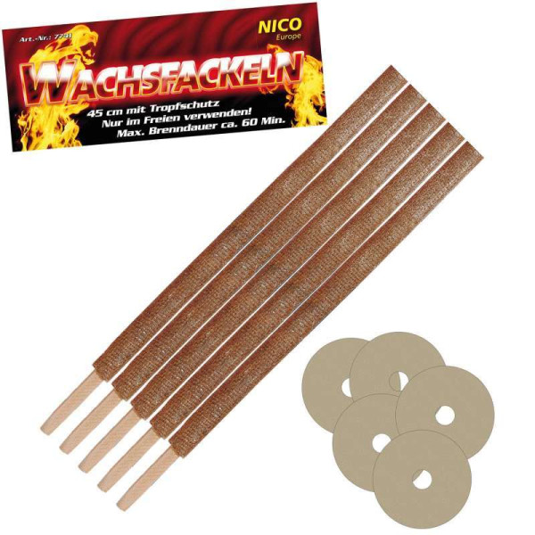 Wachsfackeln mit Holzgriff, 45cm (Set mit 5 Stk)