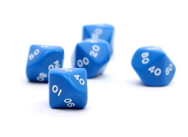 Spielwürfel mit 10 Flächen blau mit weissen Zehnerwerten