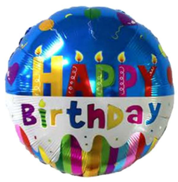 Happy birthday - Folienballon 43cm - blau, Torte mit brennenden Kerzen