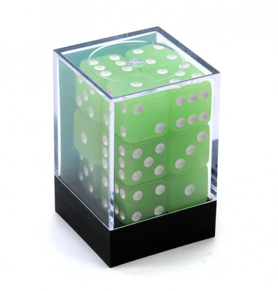 Leuchtende Spielwürfel, 16mm, Box mit 12 Glow Würfeln grünblau