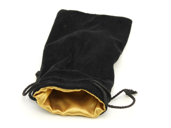grosser Würfelbeutel aus schwarzem Samt, goldfarbenes Futter