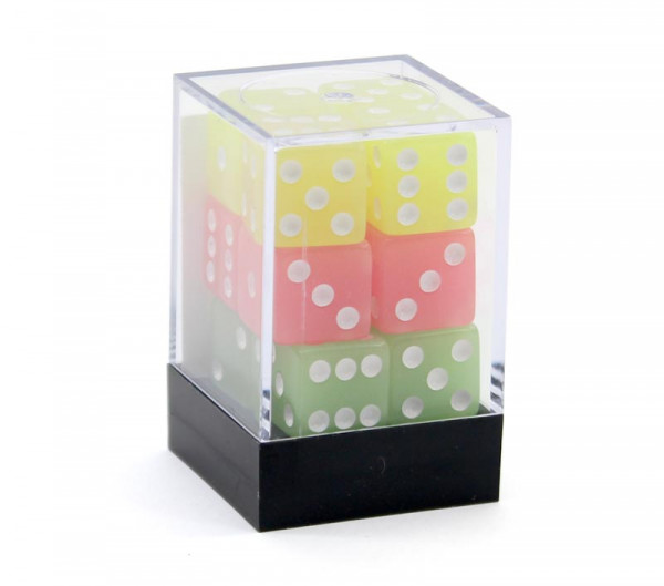 Leuchtende Spielwürfel, 16mm, Box mit 12 Glow Würfeln assortiert