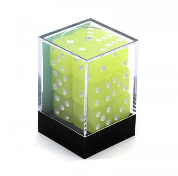 Leuchtende Spielwürfel, 16mm, Box mit 12 Glow Würfeln zitronengelb