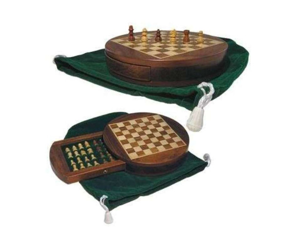 Reiseschach, rund, magnetisch, mit Intarsie aus Akazie/Buchsbaum