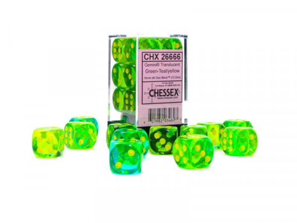 Gemini Dice - Translucent Green-Teal-Yellow - 16mm (Set mit 12 Würfeln)
