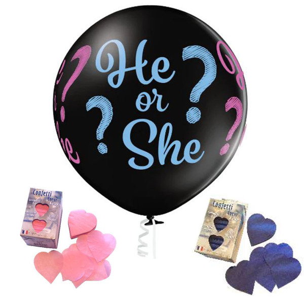 He or She Ballon Set mit rosa und blauem Herz-Konfetti