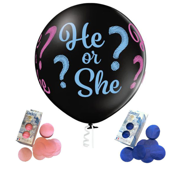 He or She Ballon Set mit rosa und blauem Konfetti Rund