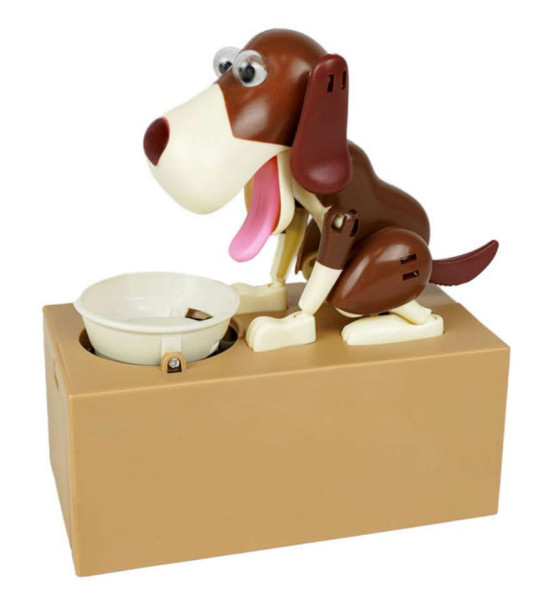 Fressender Hund Spardose - braun weiss