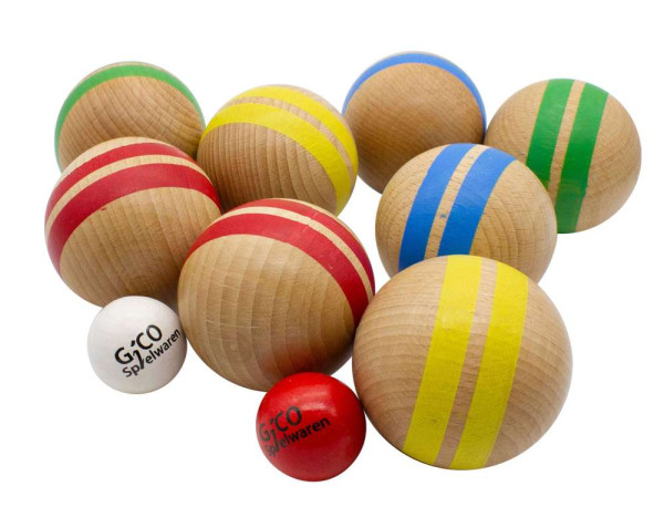 Boccia Spiel 8er aus Massivholz mit 8 Kugeln - bunt gestreift