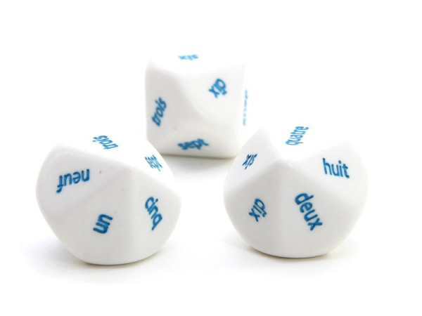 Würfel mit französischen Zahlen in Worten, 10 Flächen
